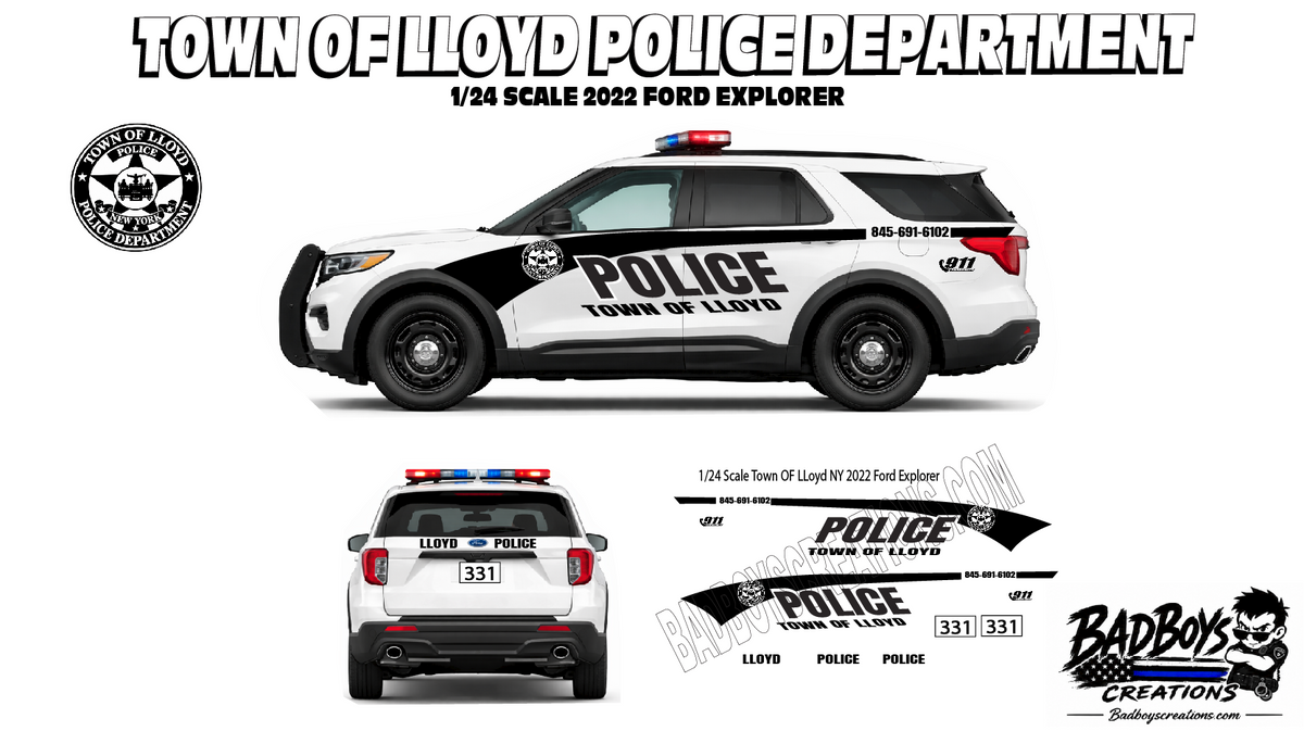 Town of Lloyd NY Police Waterslide Decals – 1/24 Scale 2022 Ford Explorer (MotorMax)