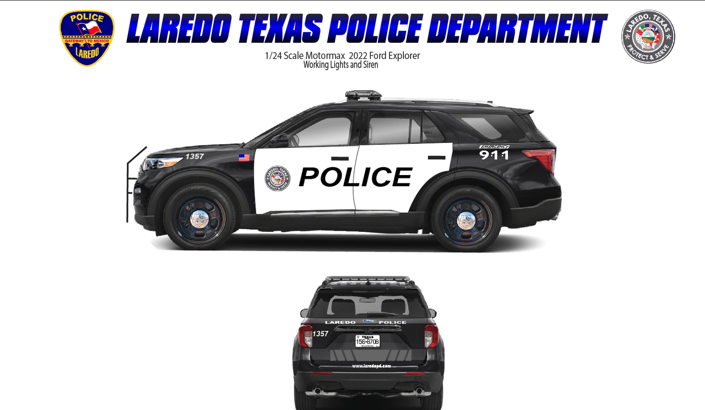 1/24 Scale 2022 Ford Explorer Laredo Texas Police Diecast Model Car – Custom LED Lights & Siren – Badboys Creations Custom Police Replica – FinestDiecast