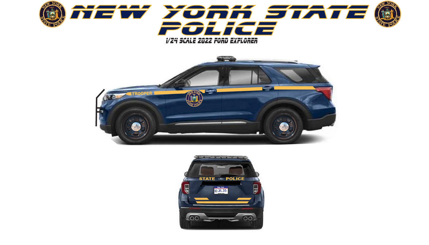 1/24 Scale New York State Police 2022 Ford Explorer Waterslide Decals | Custom NYSP Police Graphics | High Quality Laser Printed | Badboys Creations