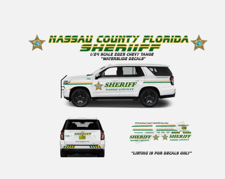 1/24 Scale 2025 Chevy Tahoe Nassau County Florida Sheriff Waterslide Decals – Custom Diecast Police Graphics (Approx. 4 Sets) – Decals Only