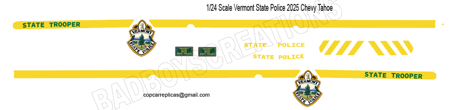 1/24 Scale Vermont State Police 2025 Chevy Tahoe Waterslide Decals – Approx 4 Sets – Decals Only | Badboys Creations