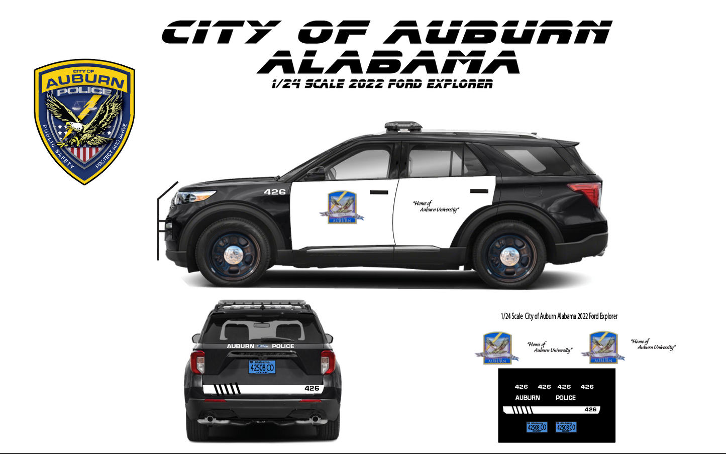 1/24 Scale City of Auburn Alabama Police Waterslide Decals – 2022 Ford Explorer – White Toner Printed – Approx 4 Sets