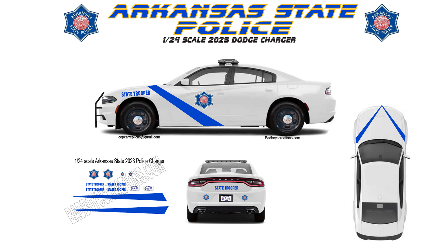 1/24 Scale Arkansas State Police 2023 Dodge Charger Waterslide Decals β Laser Printed β Approx 4 Sets β Decals Only | Badboys Creations