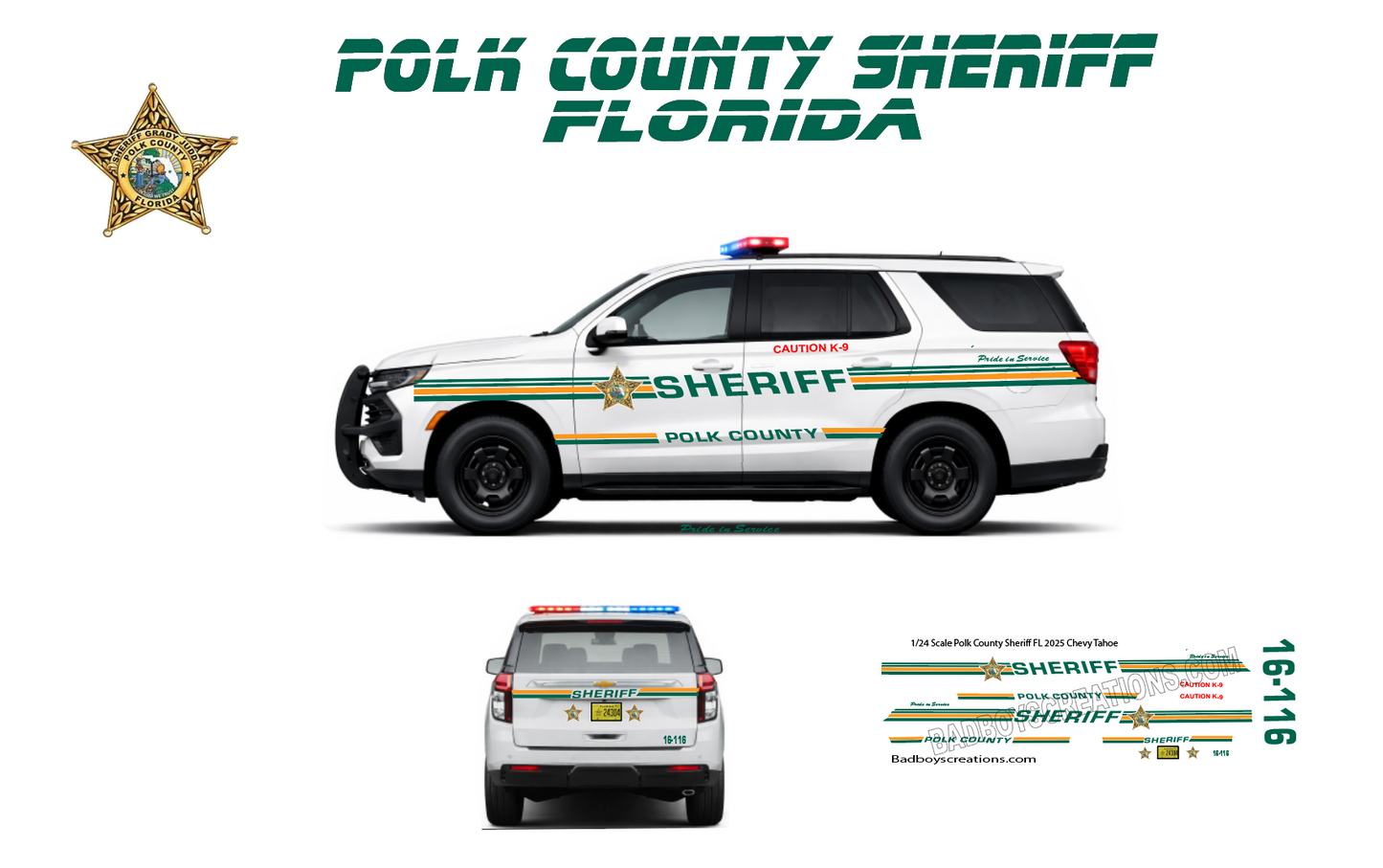 1/24 Scale Polk County Florida Sheriff 2025 Chevy Tahoe Waterslide Decals – Custom Laser Printed – Approx. 4 Sets – Decals Only