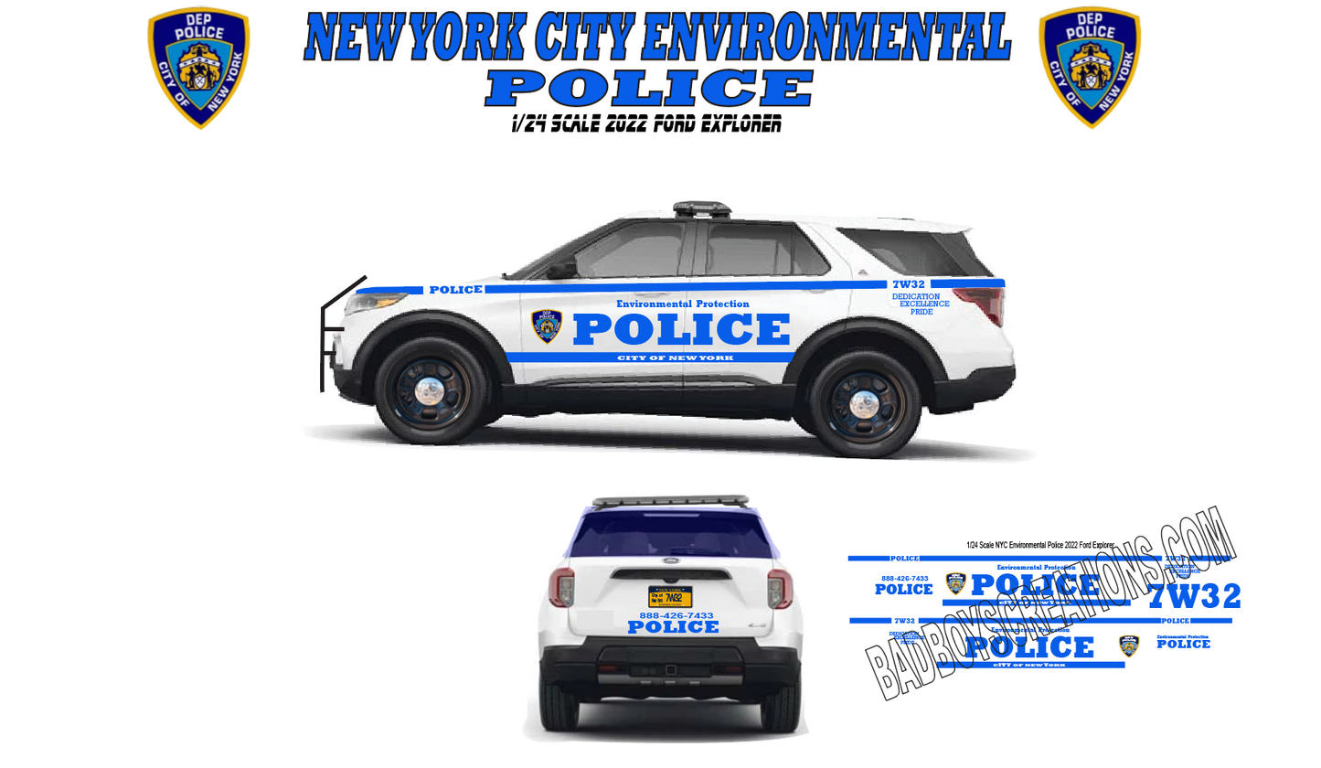 1/24 Scale Waterslide Decals – NYC Environmental Police 2022 Ford Explorer – Custom Model Decal Set (Approx. 4 Sets Included)
