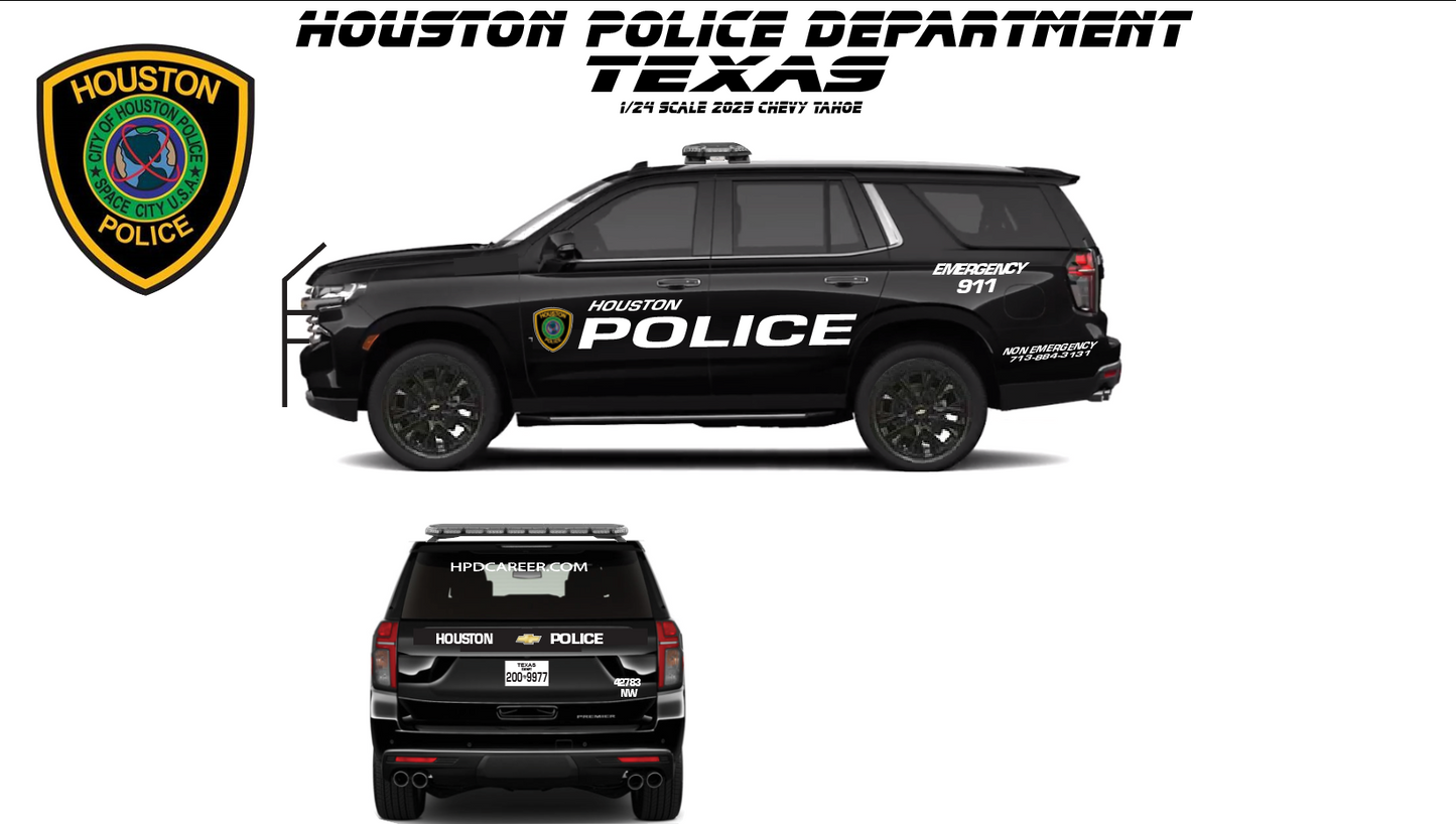 1/24 Scale 2025 Chevy Tahoe Houston Police Diecast Model Replica ā Non Working Lights ā Custom by Badboys Creations