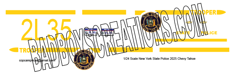 1/24 Scale New York State Police Waterslide Decals for 2025 Chevy Tahoe โ Laser Printed โ Approx. 4 Sets โ Badboys Creations