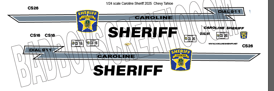 1/24 Scale 2025 Chevy Tahoe Caroline County Sheriff Maryland Waterslide Decals – Approx. 4 Sets | Decals Only