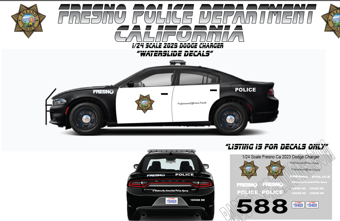 1/24 Scale 2023 Dodge Charger Fresno California Police Waterslide Decals – Approx. 4 Sets | Decals Only