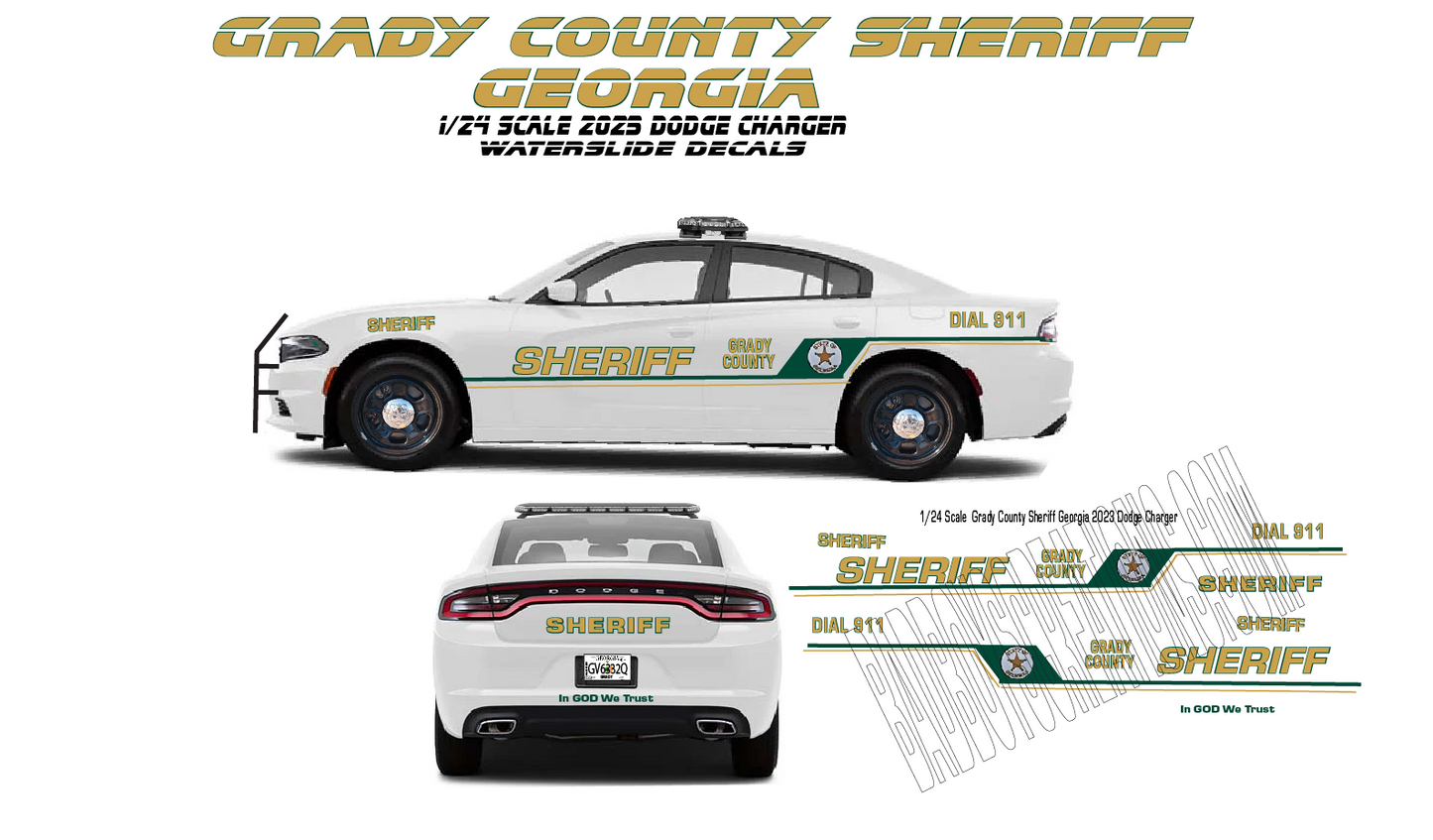 1/24 Scale 2023 Dodge Charger Grady County Sheriff Georgia Waterslide Decals – Approx. 4 Sets – Custom Police Graphics