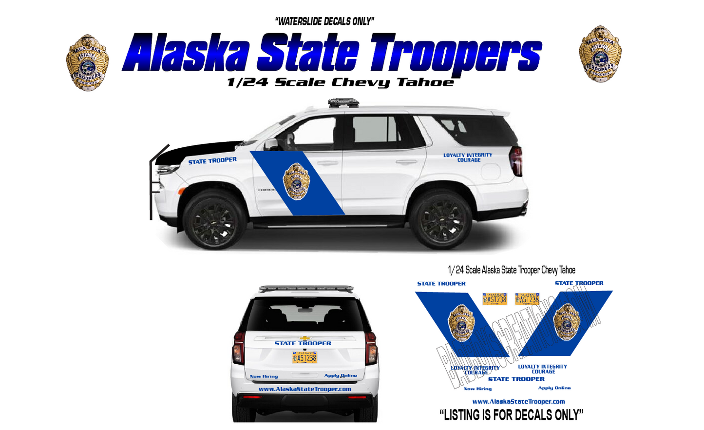 1/24 Scale 2025 Chevy Tahoe Alaska State Trooper Waterslide Decals – Authentic Detail Set (Approx. 4 Sets Included) | Decals Only