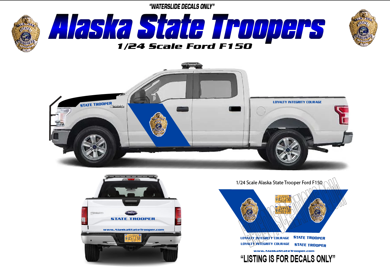 1/24 Scale Ford F-150 Alaska State Trooper Waterslide Decals β Detailed Police Graphics Set (Approx. 4 Sets Included) β Decals Only