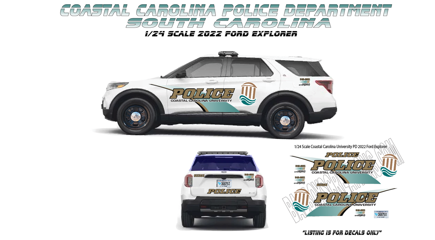 1/24 Scale Waterslide Decals – 2022 Ford Explorer Coastal Carolina University Police – Custom Laser Printed – Approx. 4 Sets – Badboys Creations