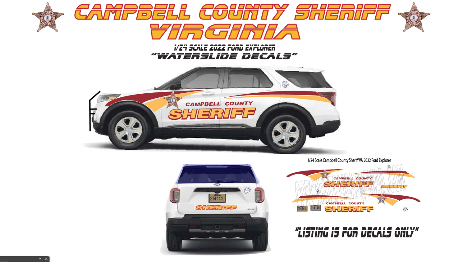 1/24 Scale 2022 Ford Explorer Campbell County Virginia Sheriff Waterslide Decals – Custom Laser Printed (Approx. 4 Sets) – By Badboys Creations