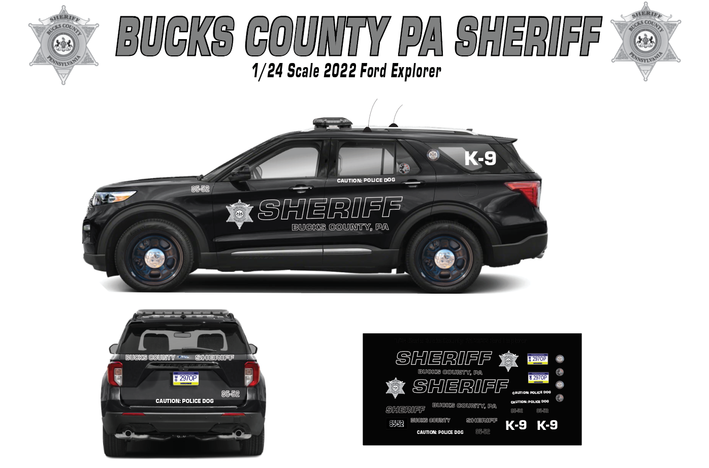 1/24 Scale 2022 Ford Explorer Bucks County Pennsylvania Sheriff Waterslide Decals โ Custom Diecast Graphics (4 Sets) โ Decals Only