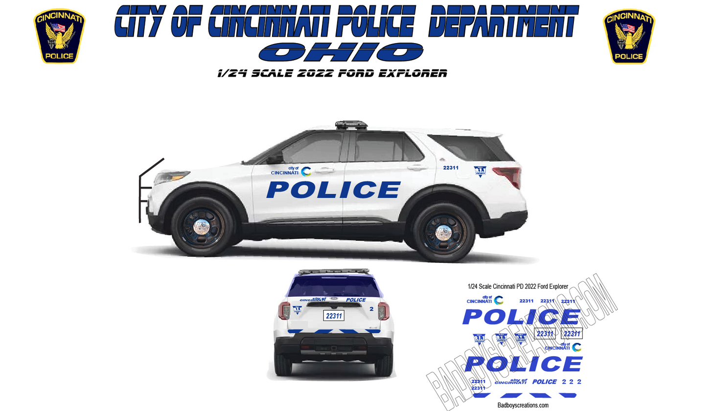1/24 Scale 2022 Ford Explorer Cincinnati Ohio Police Waterslide Decals – Custom Diecast Graphics – Badboys Creations