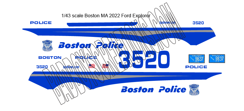 1/43 Scale 2022 Ford Explorer Boston Massachusetts Police Waterslide Decals – Custom Diecast Graphics Sheet | Badboys Creations