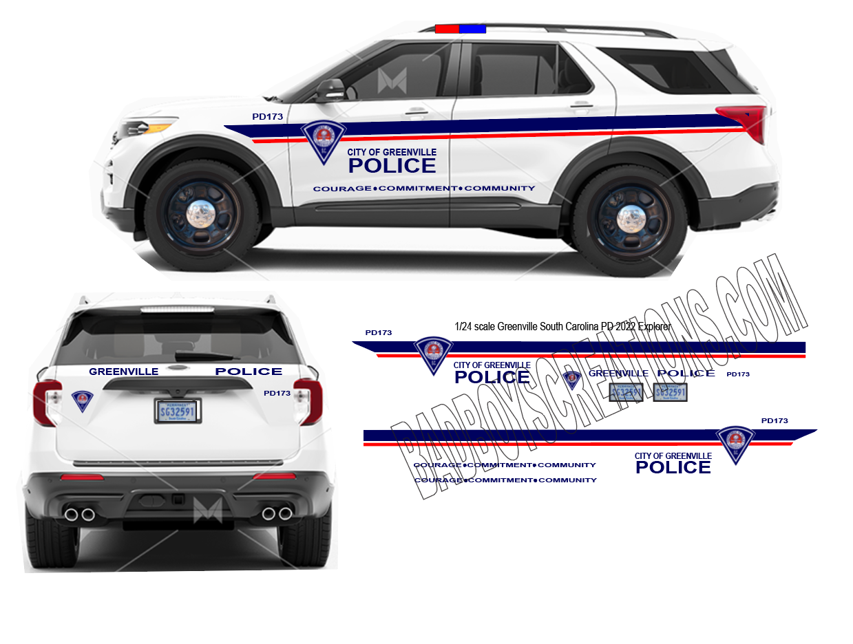1/24 Scale 2022 Ford Explorer Greenville South Carolina Police Waterslide Decals – City of Greenville Police Graphics – Diecast Model Decal Set | Badboys Creations