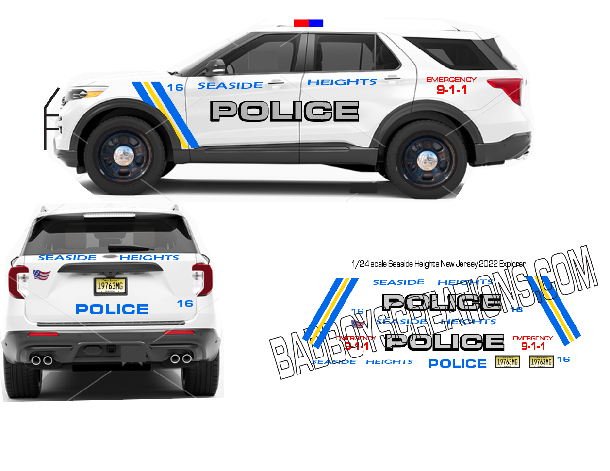 1/24 Scale 2022 Ford Explorer Seaside Heights New Jersey Police Waterslide Decals – Diecast Model Car Graphics – Badboys Creations