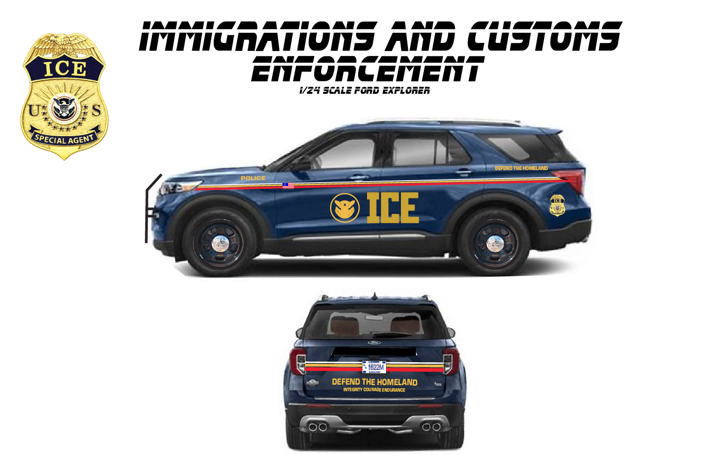1/24 Scale 2022 Ford Explorer ICE Police SUV Diecast Model Replica – Working Lights & Siren – U.S. Immigration and Customs Enforcement – Custom Law Enforcement Collectible