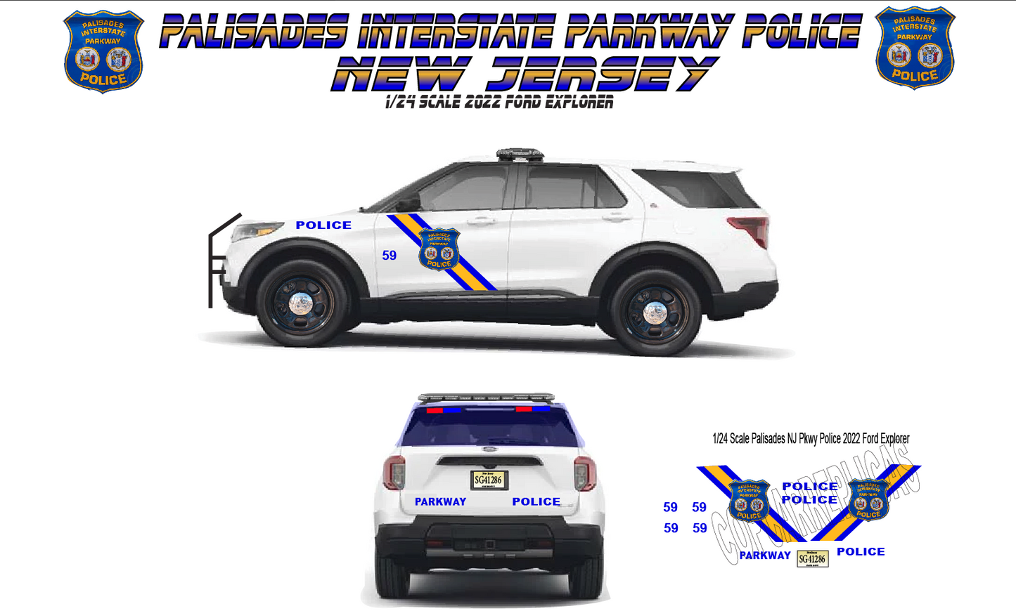 1/24 Scale Palisades Interstate Parkway Police New Jersey Waterslide Decals – Fits 2022 Ford Explorer – Model Police Car Graphics – Approx. 4 Sets – Badboys Creations