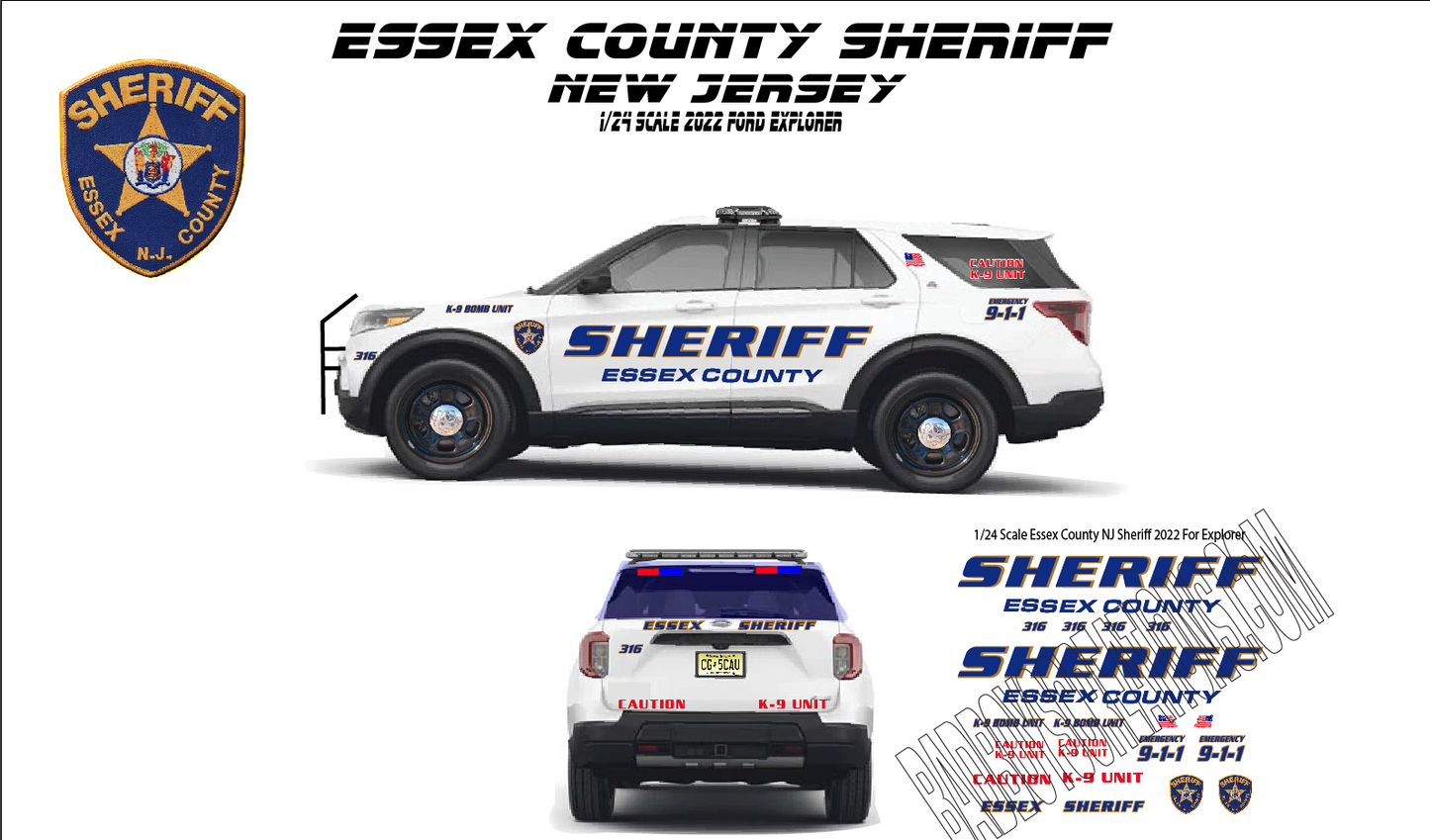 1/24 Scale Essex County NJ Sheriff K9 Waterslide Decals – 2022 Ford Explorer Police Graphics – Diecast Model Decal Set – Approx. 4 Sets Included