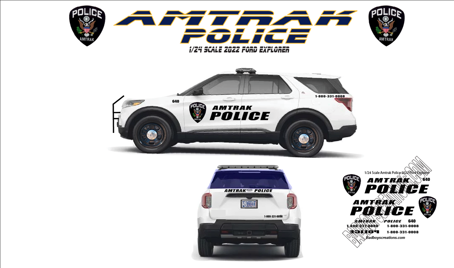 1/24 Scale Amtrak Police Waterslide Decals for 2022 Ford Explorer – Custom Diecast Police Graphics – Approx. 4 Sets Included