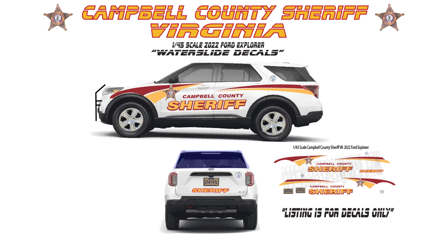 1/43 Scale Campbell County Virginia Sheriff Waterslide Decals for 2022 Ford Explorer – Custom Diecast Police Graphics – Approx. 6 Sets Included