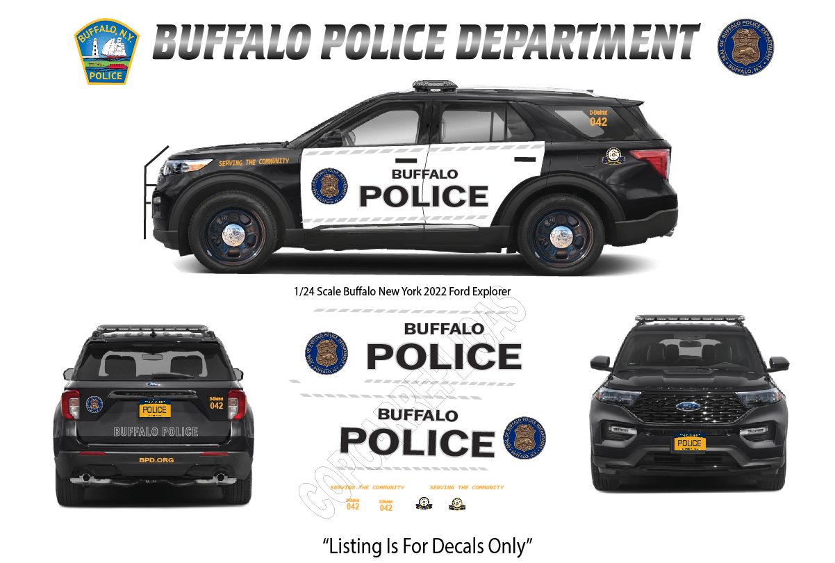 1/24 Scale Buffalo New York Police Waterslide Decals for 2022 Ford Explorer – Diecast Police Graphics – Approx. 4 Sets Included