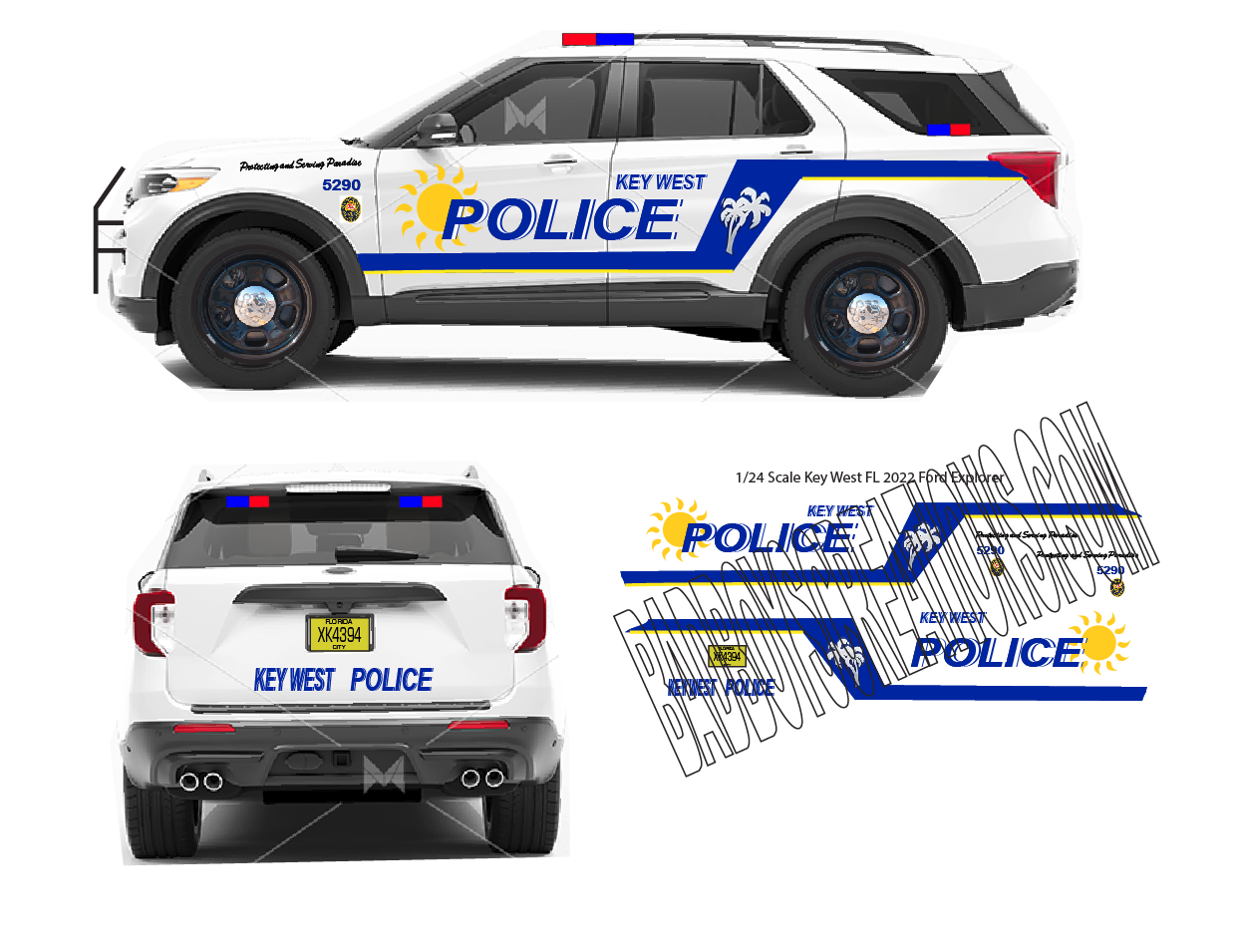 1/24 Scale Key West Florida Police Waterslide Decals for 2022 Ford Explorer – Diecast Police Graphics Set – Approx. 4 Sets Included