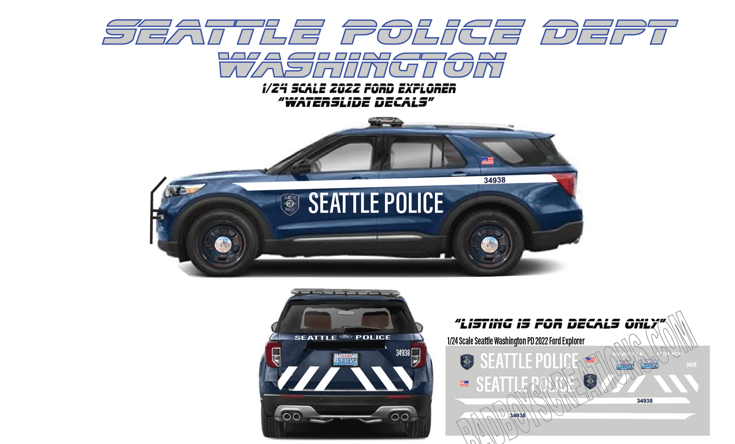 1/24 Scale Seattle Washington Police 2022 Ford Explorer Waterslide Decals – 4 Sets Included – White Toner Laser Printed – Custom Diecast Graphics