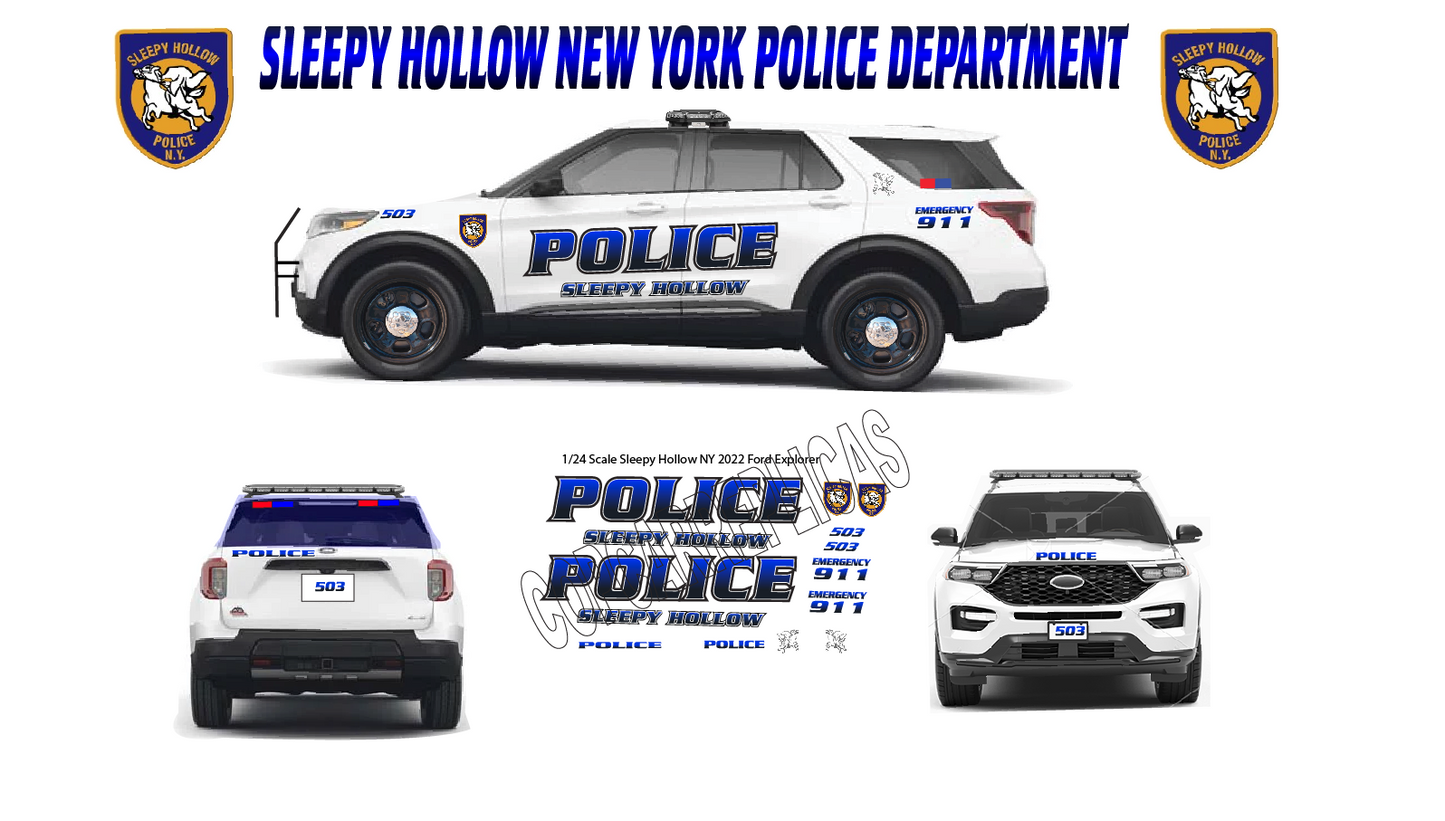 1/24 Sleepy Hollow New York Police Decals ā 2022 Ford Explorer Waterslide Decals ā 4 Sets Included ā Laser Printed ā Custom Model Car Graphics