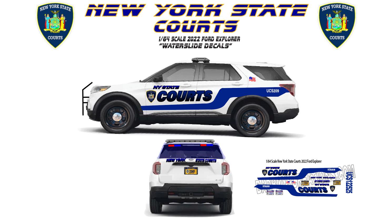 1/64 Scale New York State Courts 2022 Ford Explorer Waterslide Decals β 8 Sets Included β Laser Printed β Fits Greenlight Ford Explorer β Custom Diecast Graphics