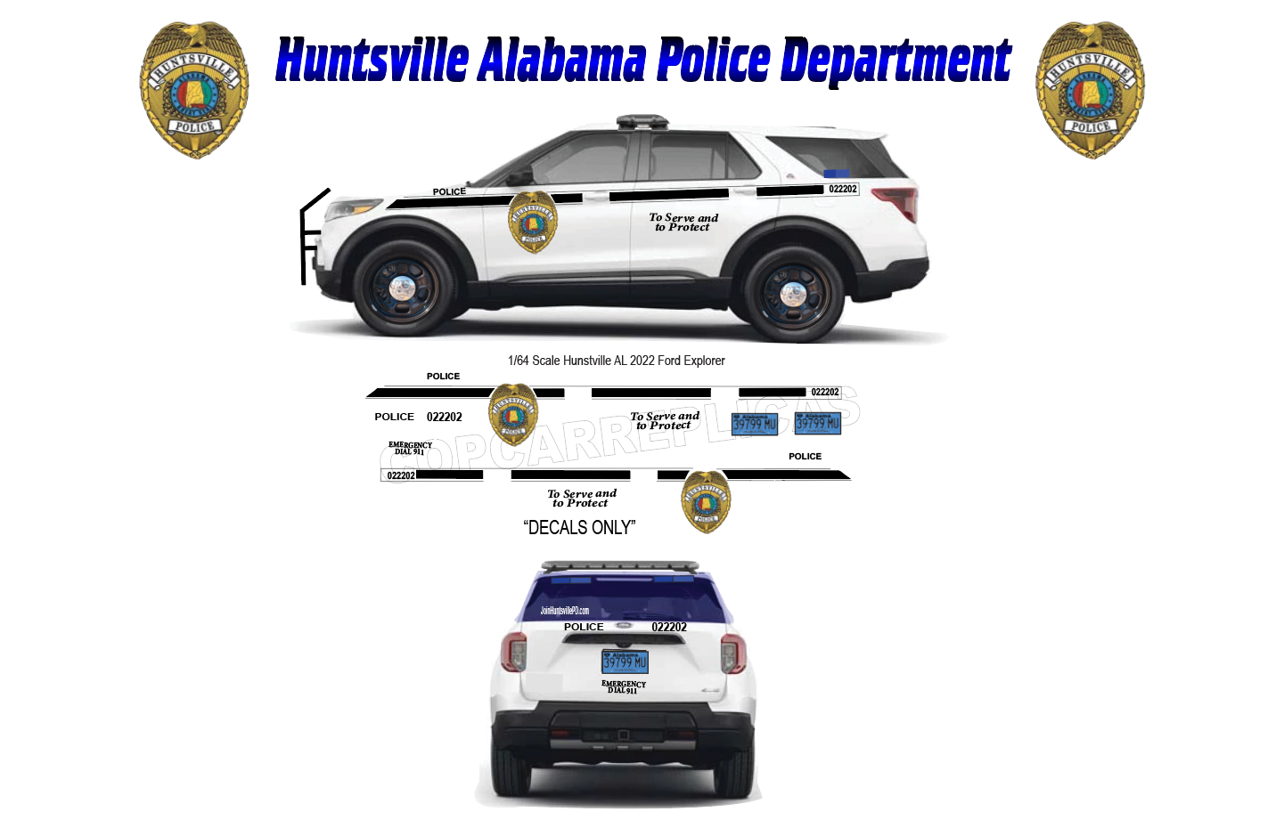 1/64 Scale 2022 Ford Explorer Huntsville Alabama Police Waterslide Decals – 8 Sets Included – Custom Greenlight Diecast Graphics – Laser Printed