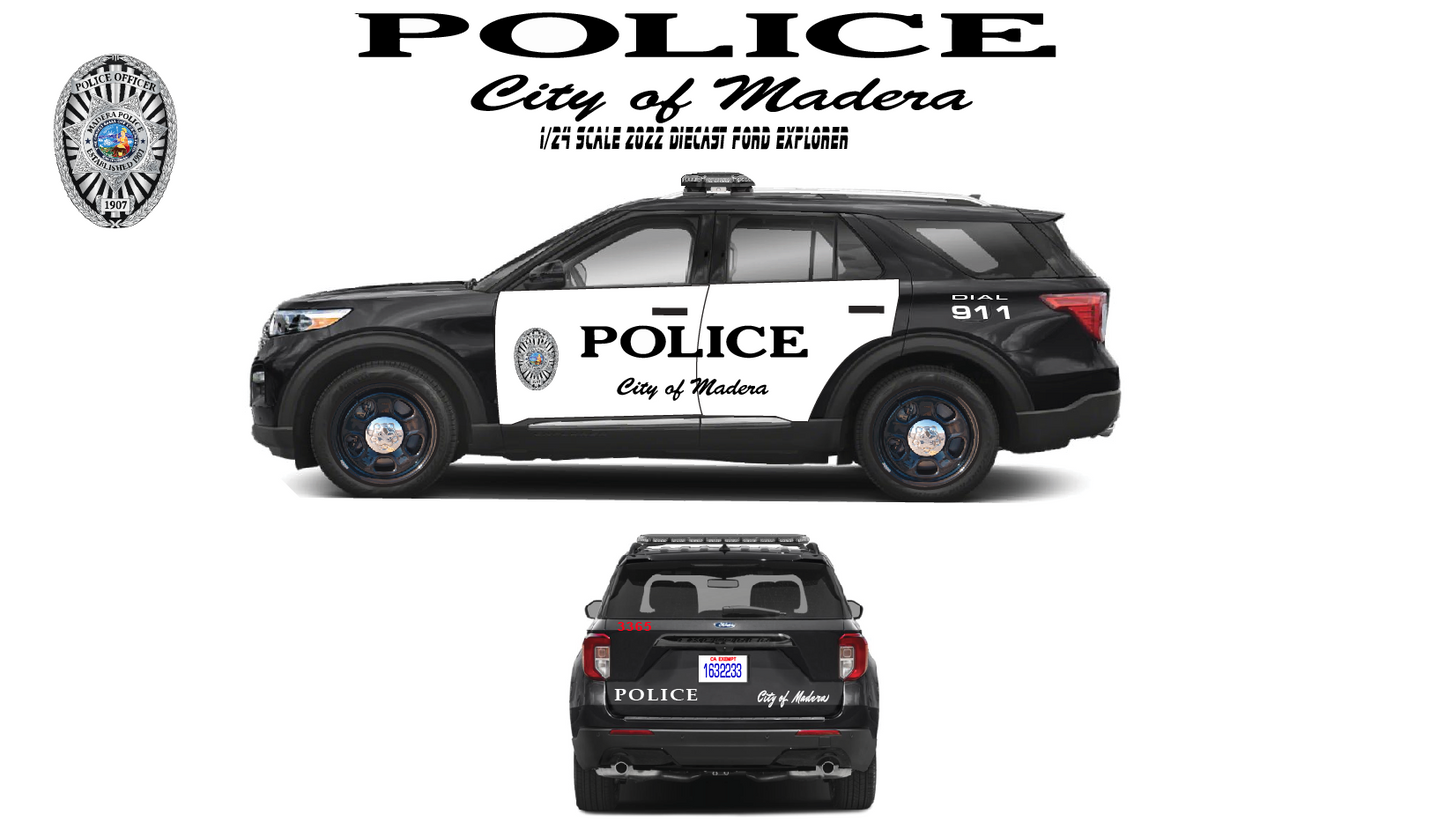 1/24 Scale 2022 Ford Explorer Madera California Police Diecast Model Replica ā Working Lights & Siren ā Custom Made