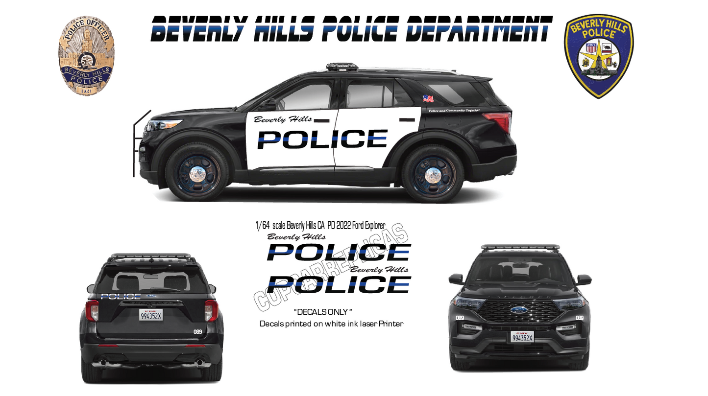 1/64 Scale Beverly Hills California Police Waterslide Decals for 2022 Ford Explorer (Greenlight) β White Toner Printed β 8β10 Sets Included