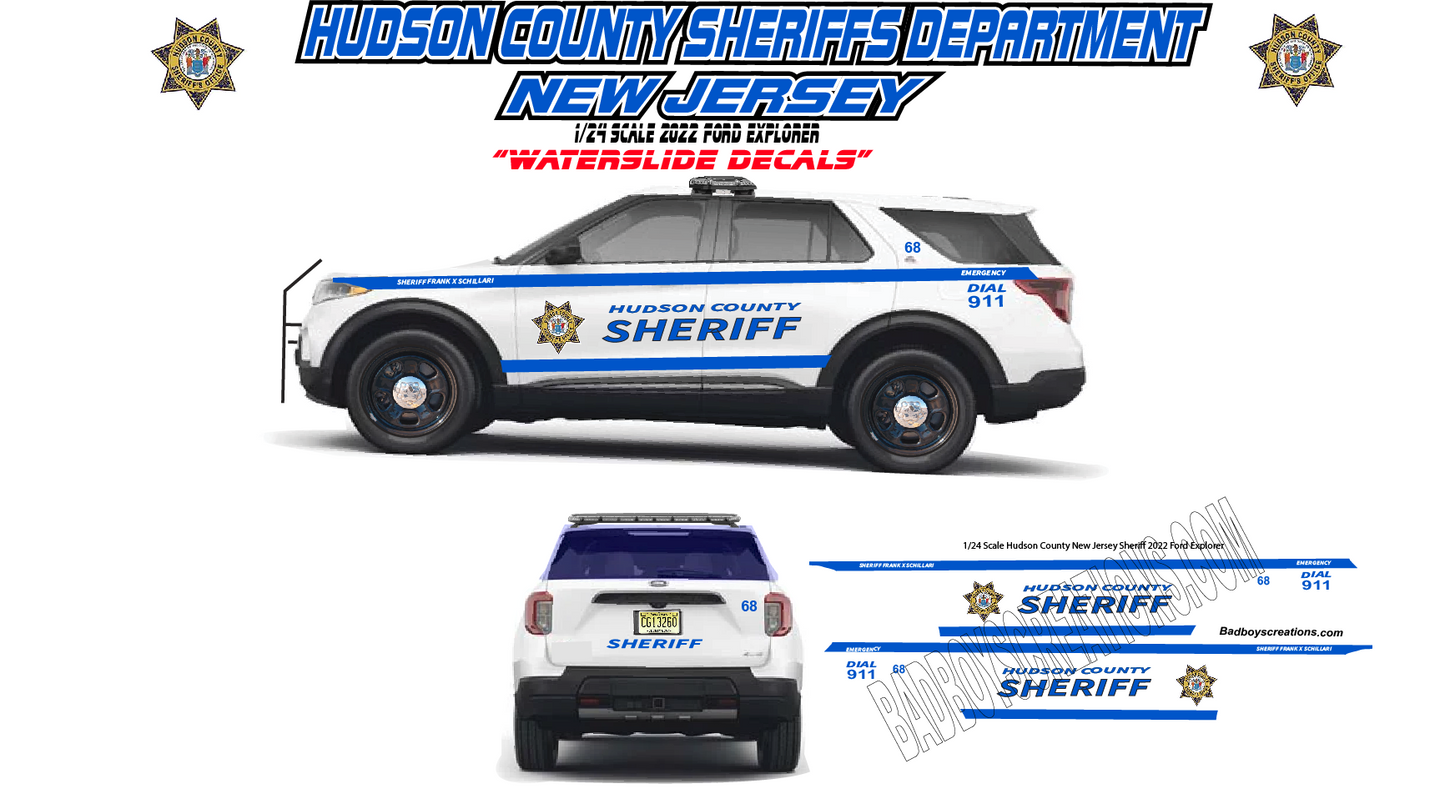 1/43 Scale Hudson County New Jersey Sheriff 2022 Ford Explorer Waterslide Decals – 6 Sets Included – Laser Printed