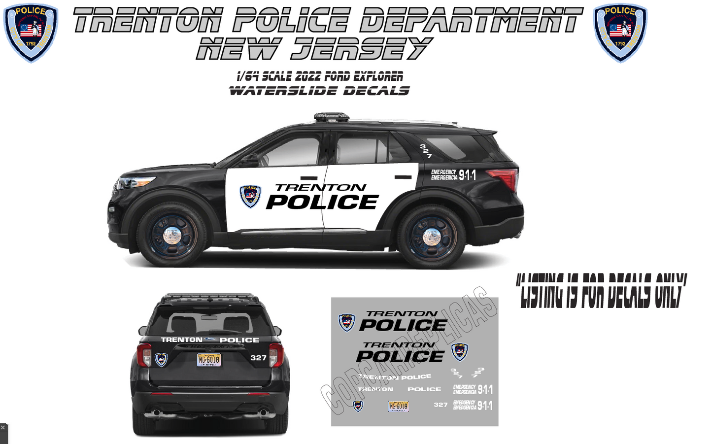 1/64 Trenton New Jersey Police 2022 Ford Explorer Waterslide Decals – Laser Printed – 8 to 10 Sets Included