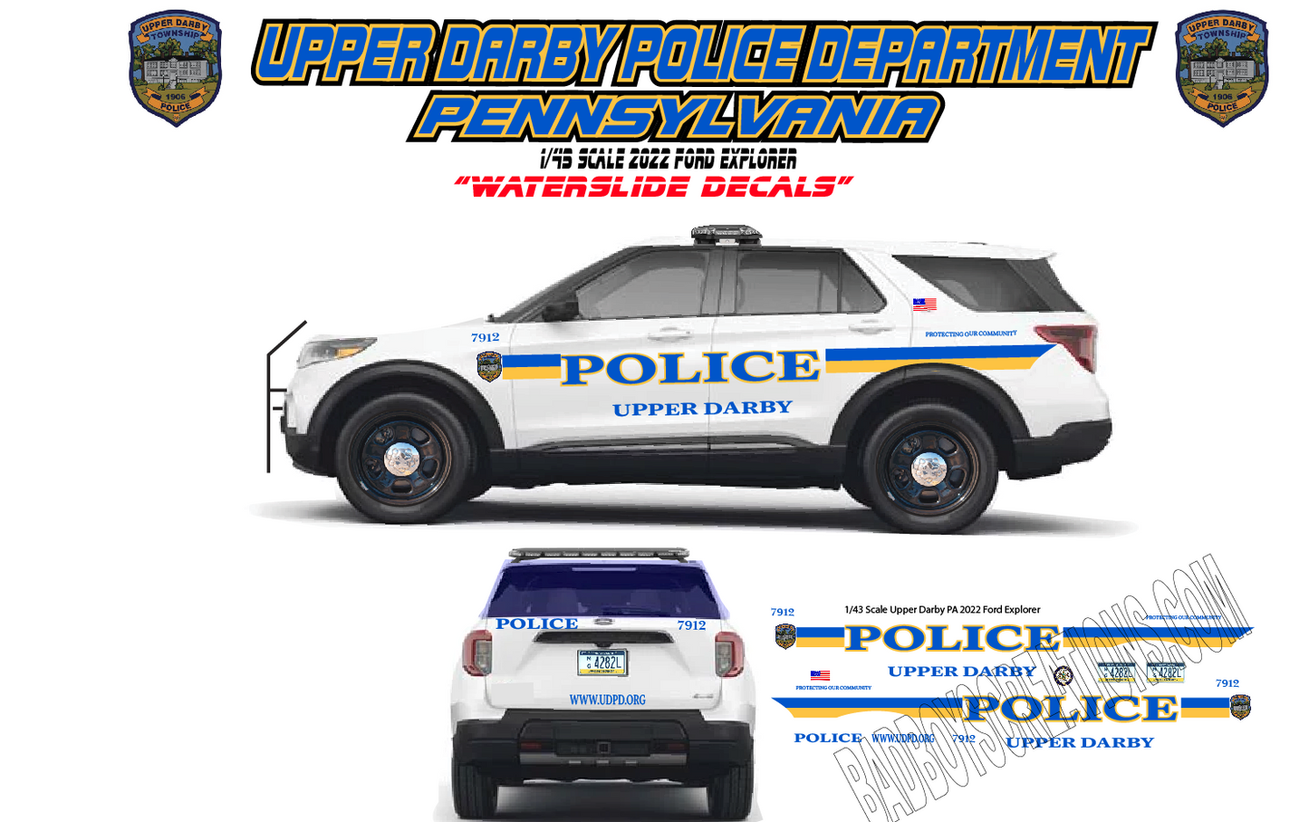 1/43 Upper Darby Pennsylvania Police Waterslide Decals β 2022 Ford Explorer β 6 Sets Included β Laser Printed β Custom Diecast Graphics
