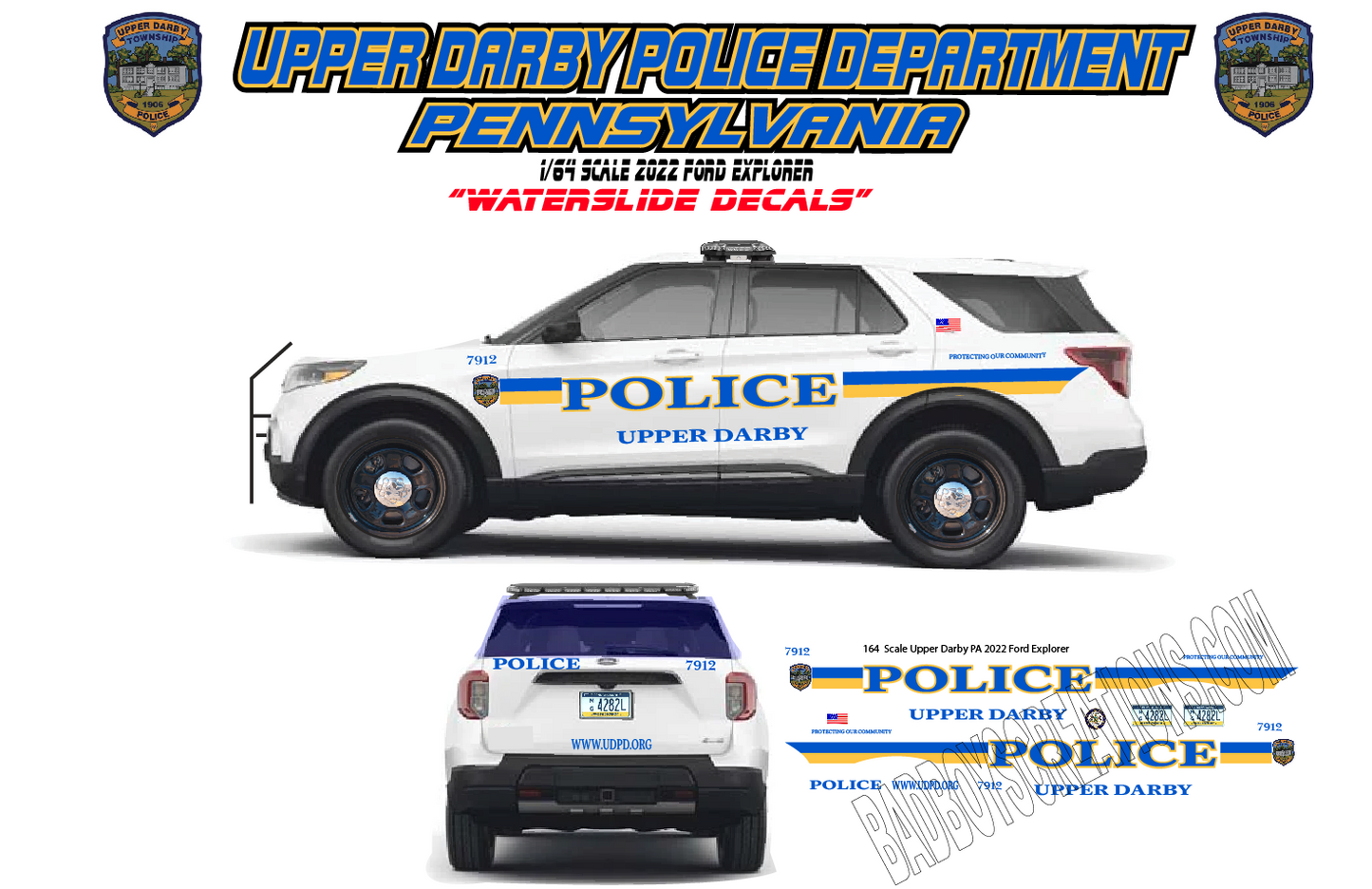1/64 2022 Ford Explorer Upper Darby Pennsylvania Police Waterslide Decals – Approx 8–10 Sets – Laser Printed – Custom Diecast Graphics