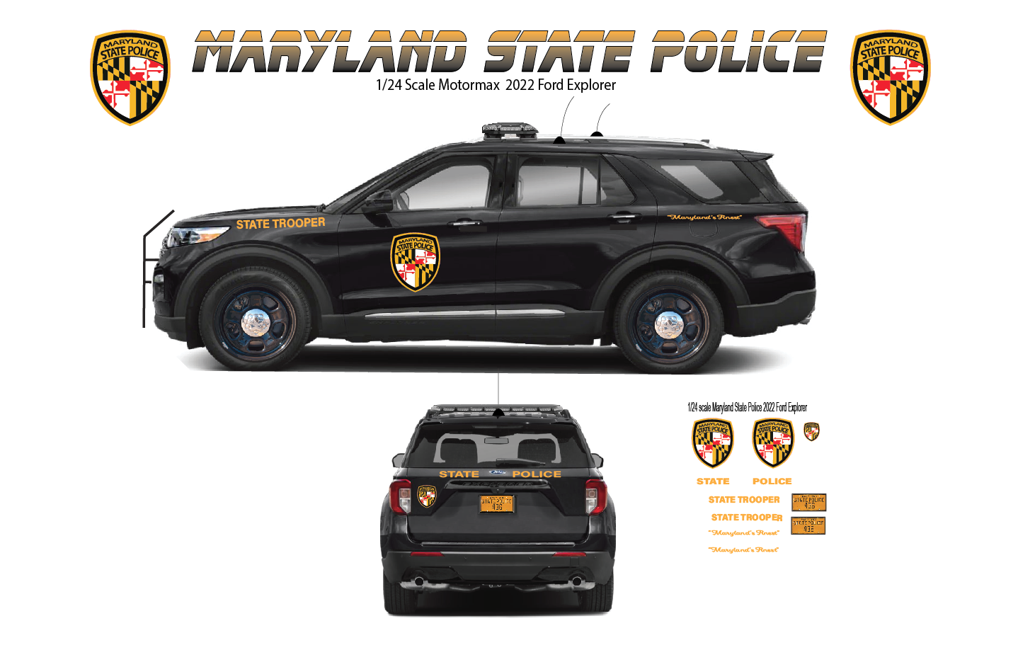 1/24 Maryland State Police 2022 Ford Explorer Waterslide Decals – Laser Printed – 4 Sets Included – Custom Diecast Graphics