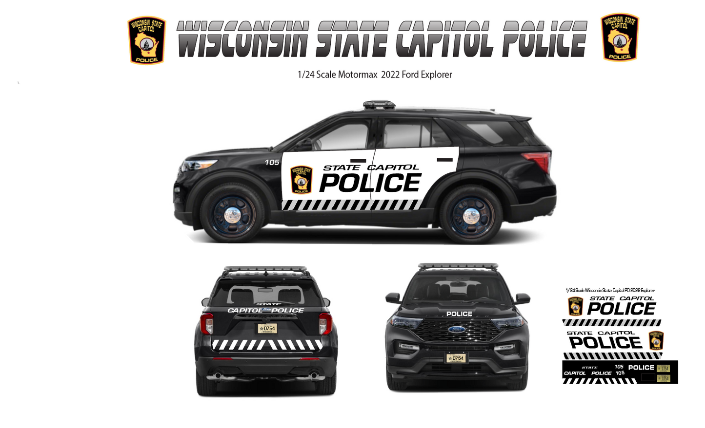 1/24 2022 Ford Explorer Wisconsin State Capitol Police Waterslide Decals – 4 Sets Included – White Toner Laser Printed – Highly Detailed