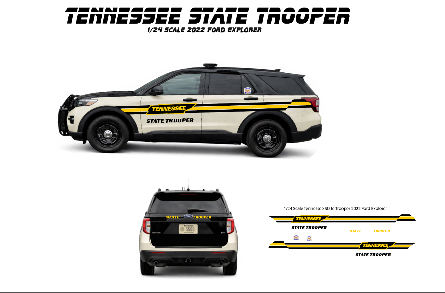1/24 2022 Ford Explorer Tennessee State Trooper Waterslide Decals – Police Graphics Set – Approx 4 Sets Included – Laser Printed