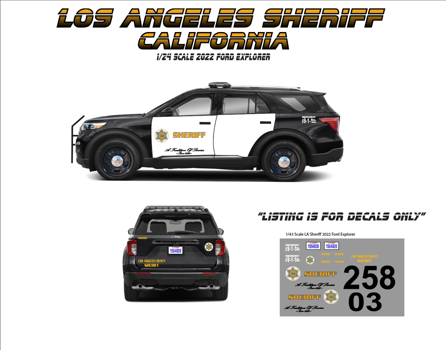 1/24 2022 Ford Explorer Los Angeles County Sheriff Waterslide Decals β L.A. County Sheriff β Custom Diecast Graphics β 4 Sets Included