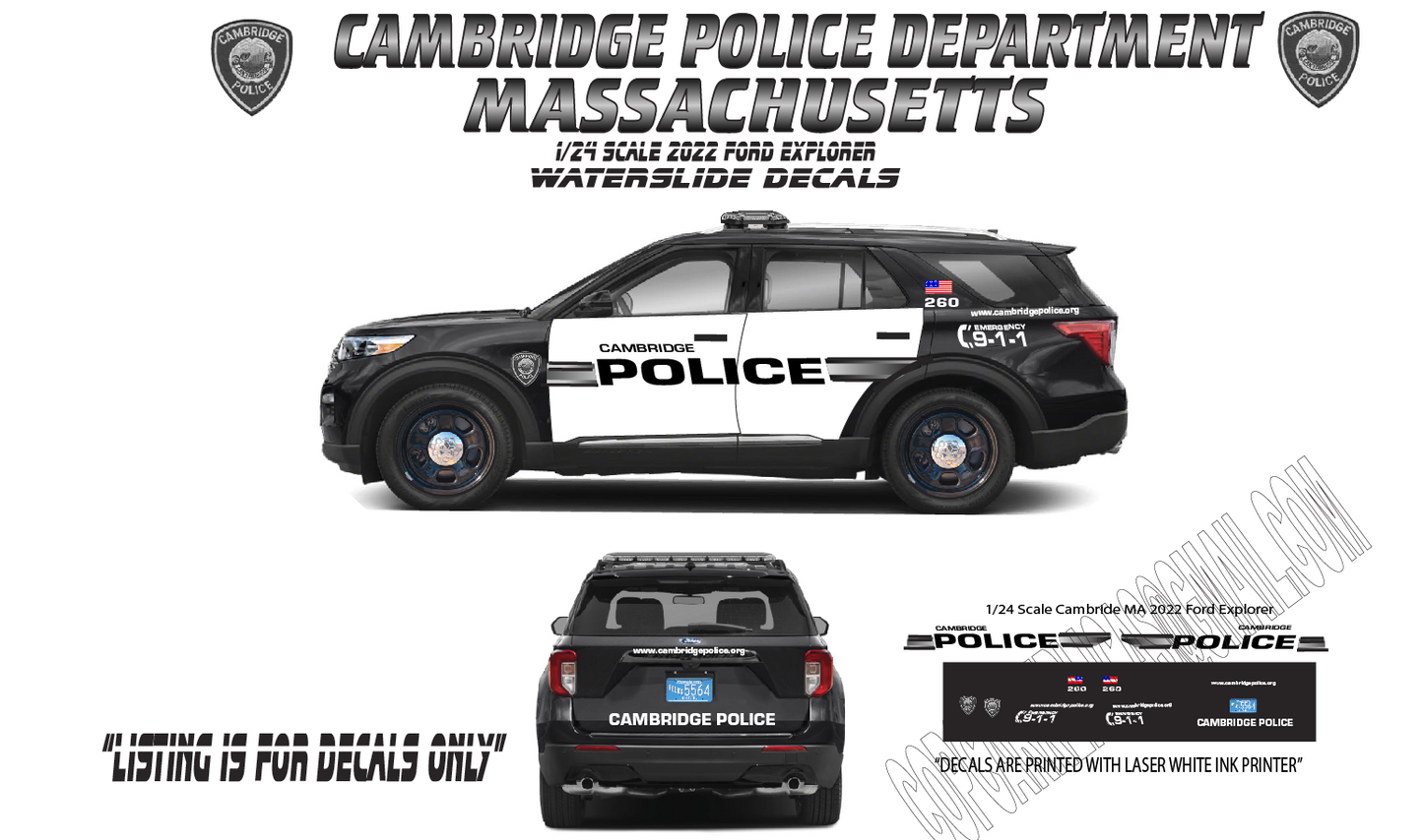 1/24 Scale 2022 Ford Explorer Cambridge Massachusetts Police Waterslide Decals β Custom Diecast Graphics β Approx 4 Sets β Laser Printed