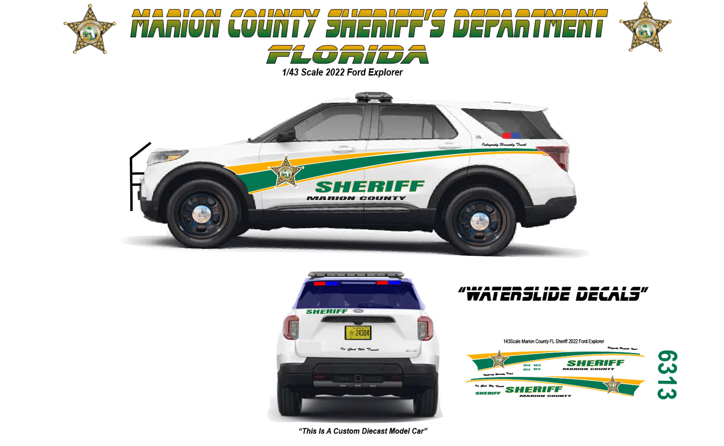 1/43 Scale 2022 Ford Explorer Marion County Sheriff Florida Waterslide Decals – Laser Printed – Approx 6 Sets Included – Highly Detailed Police Graphics
