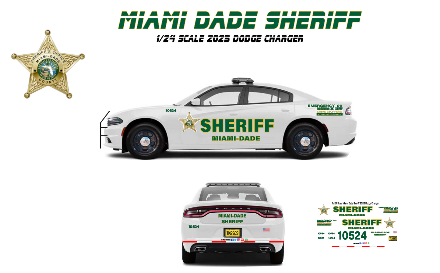 1/24 Scale 2023 Dodge Charger Miami-Dade Sheriff Waterslide Decals ā Highly Detailed | Laser Printed | Includes Approx. 4 Sets