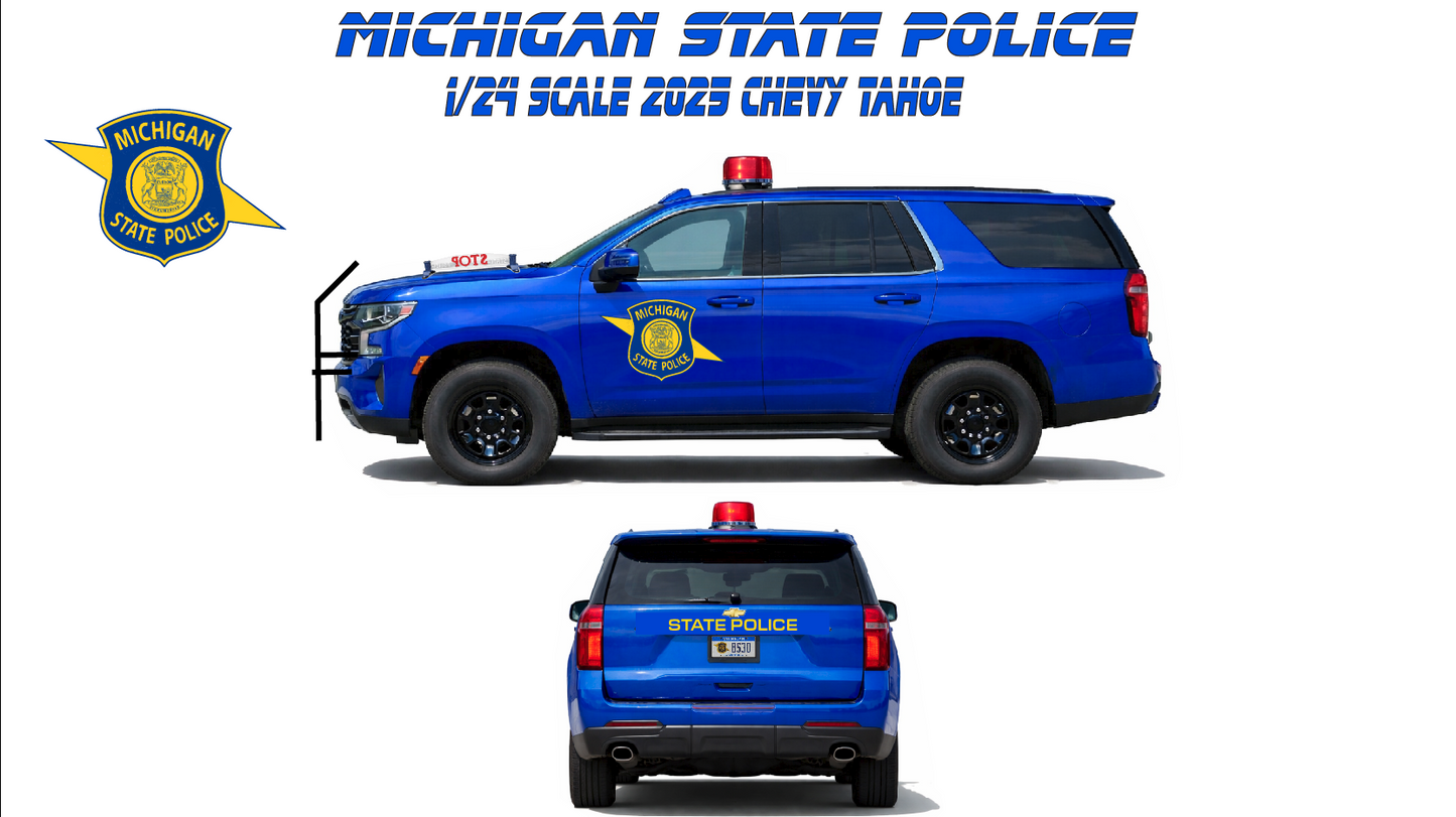 1/24 Scale 2025 Chevy Tahoe Michigan State Police Diecast Model Car Replica ā Working LED Lights & Siren ā Custom Made