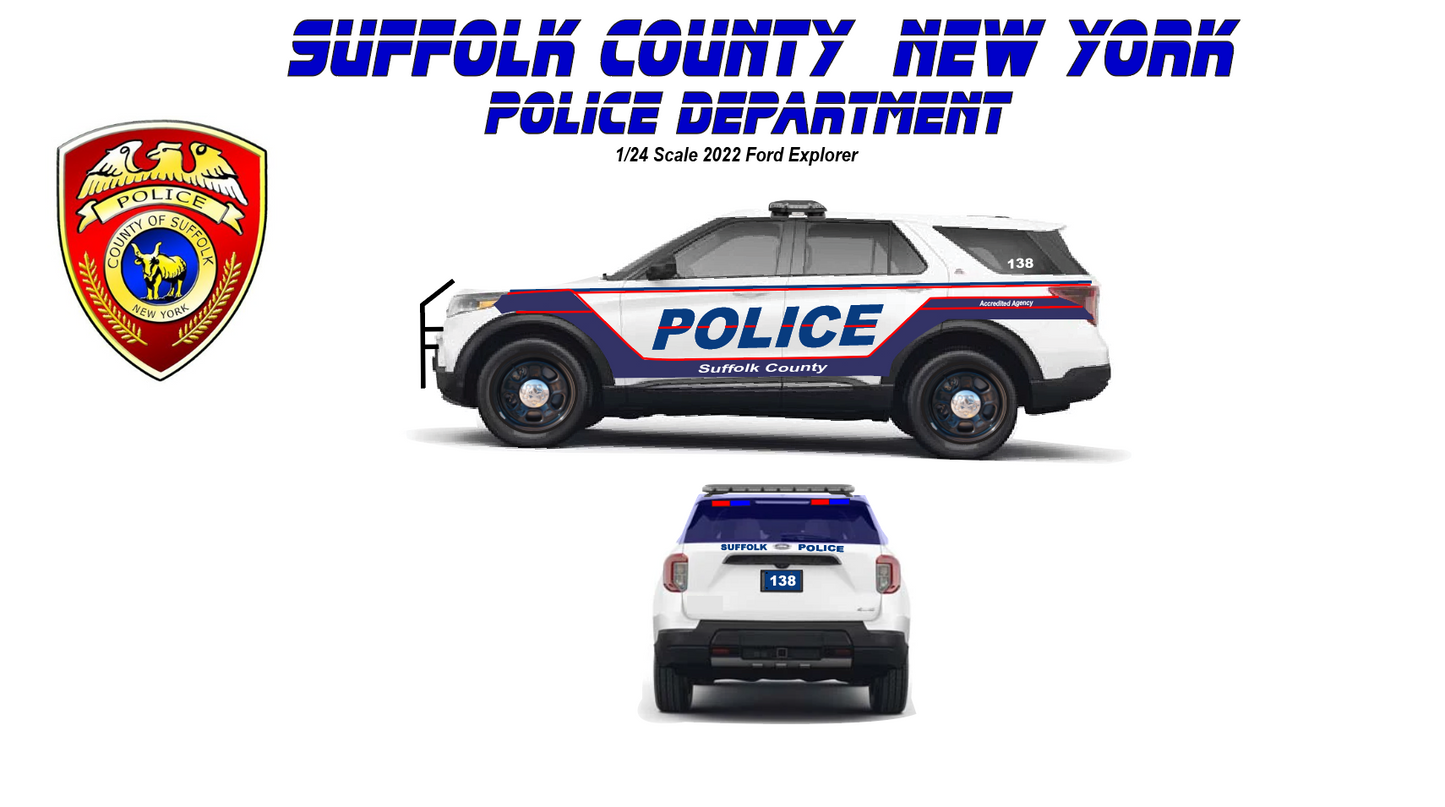 1/24 Scale 2022 Ford Explorer Suffolk County NY Police Diecast Model Car Replica w/ Working Lights & Siren β Custom Made