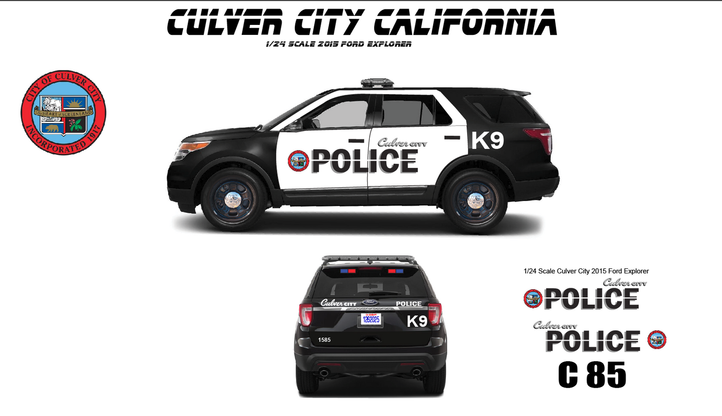 1/24 Scale Culver City California Police Waterslide Decals – 2015 Ford Explorer – White Toner Printed – Highly Detailed Graphics